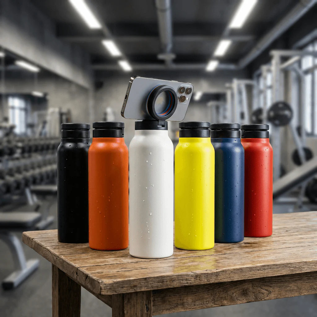 Bouteille d'eau magnétique avec couvercle, en acier inoxydable, pour le sport et la salle de gym, avec support de téléphone intégré, pour un mode de vie actif.